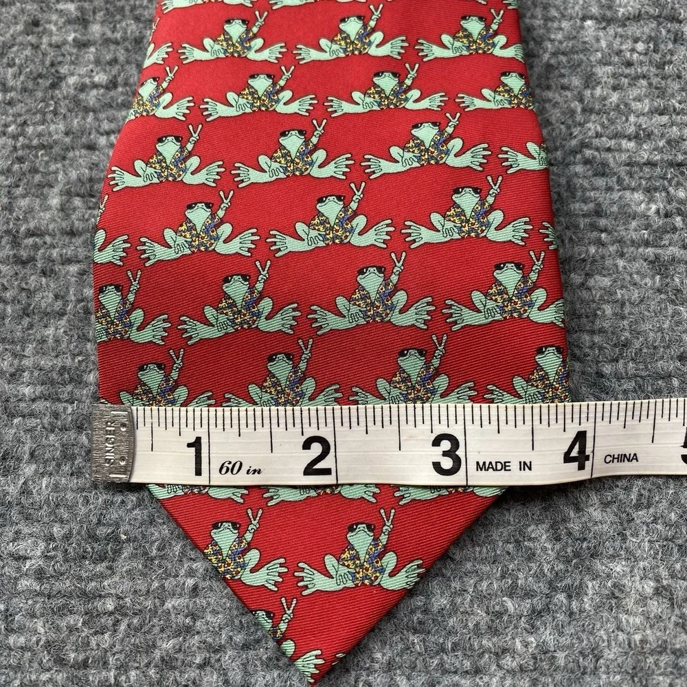 Peace Frogs Silk Necktie Red Green Whimsical Novelty Preppy Holiday